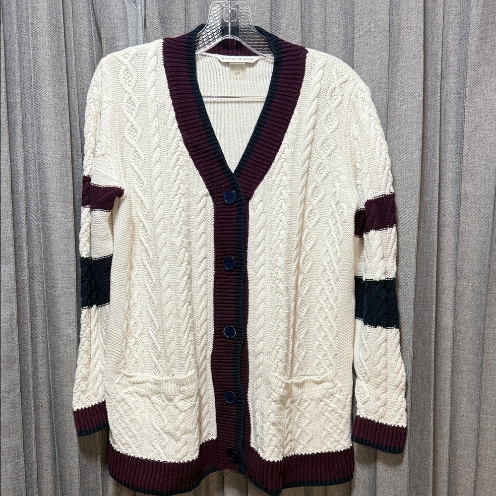 Elegant Cable Knit Cardigan - Cream with Burgundy and Navy Trim - Picture 2 of 6